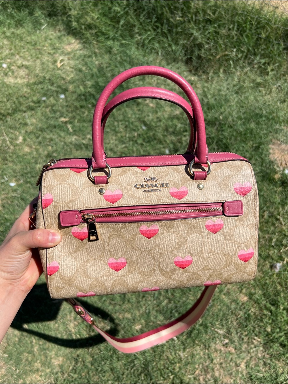 Coach Tan Signature Satchel with Pink Heart Print